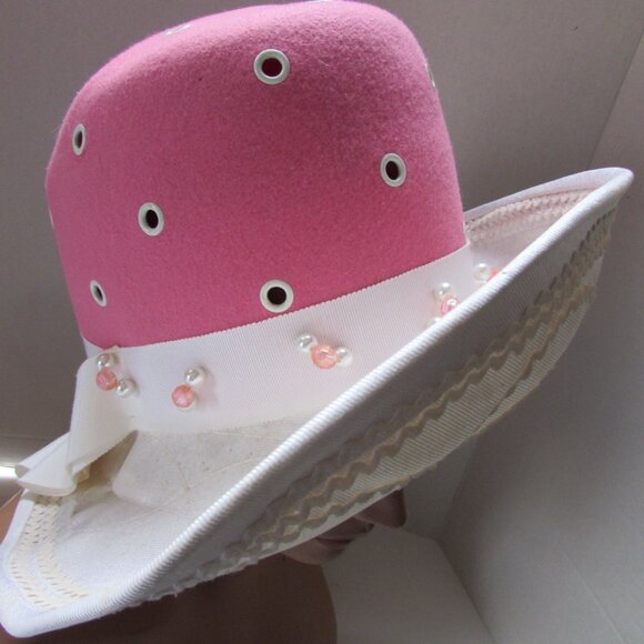 Vintage 1970 Era Hat High Crown Pink Felt White Brim main image 12